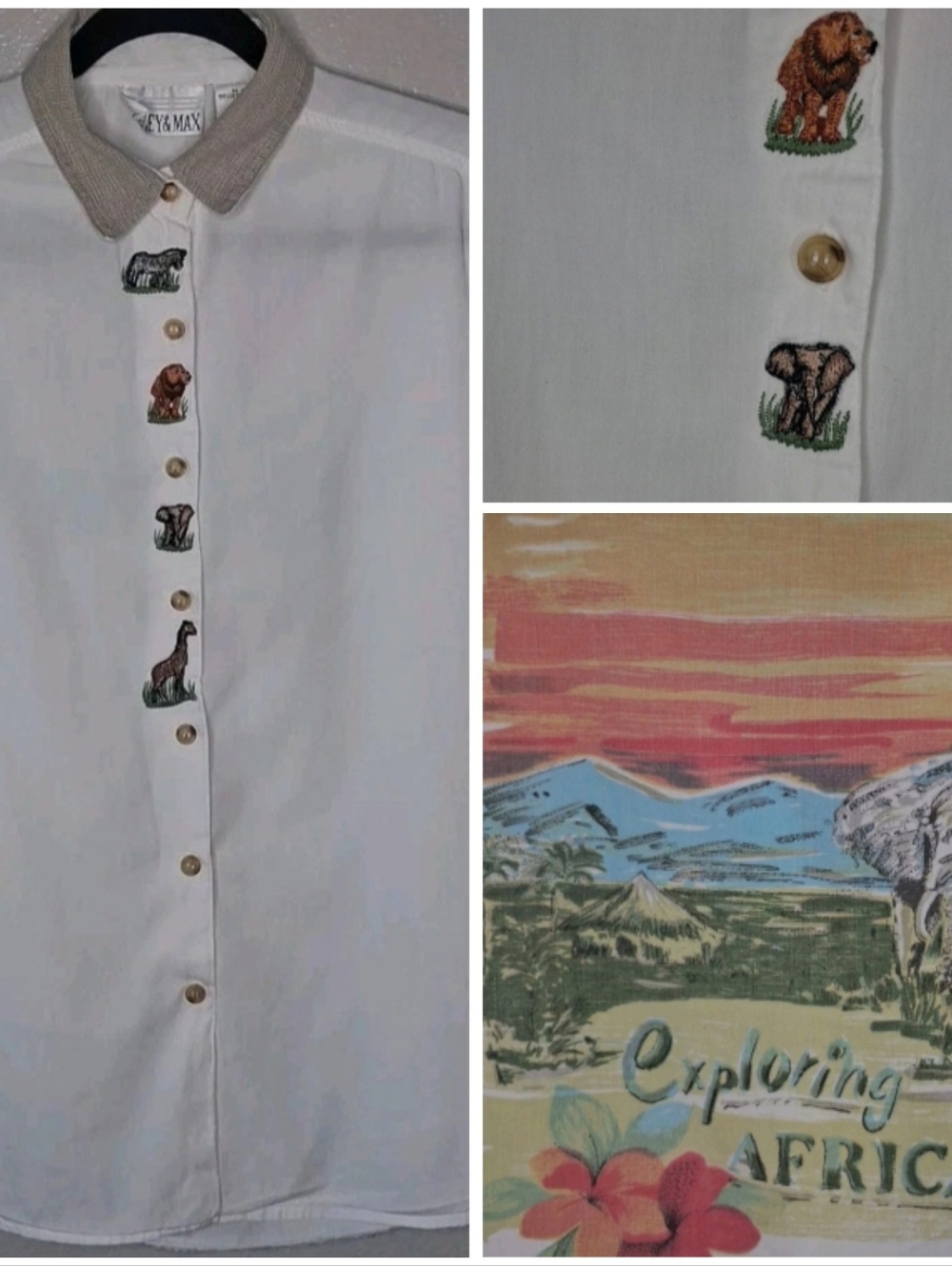 Vtg Casey & Max African Safari Cotton Button Up Shirt Embroidered Unisex M